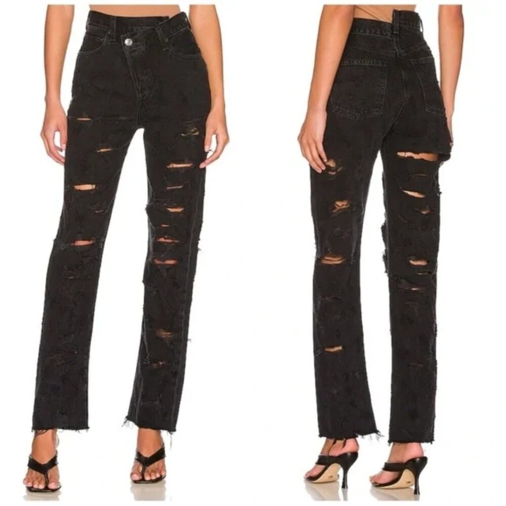 NEW AGOLDE CRISS CROSS STRAIGHT JEANS DESTROYED FEVERISH BLACK RIGID DENIM sz 25